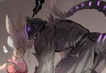  1boy animal_ears belt bondrewd chin_tickle coat commentary_request furry glowing helm helmet highres made_in_abyss nanachi_(made_in_abyss) overcoat short_hair simple_background suurin_(ksyaro) tail translation_request whiskers white_hair yellow_eyes 