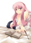  areola_slip areolae arm_support bed_sheet blush book breasts hands long_hair louise_francoise_le_blanc_de_la_valliere lying nanashi_(soregashi) on_stomach open_clothes open_shirt pink_eyes pink_hair reading shirt small_breasts solo thighhighs wand zero_no_tsukaima 