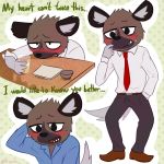  1:1 2018 aggressive_retsuko animated blush bodily_fluids bottomwear brown_body brown_fur cinemagraph clothed clothing desk english_text fully_clothed fur furniture haida holding_cup holding_object hyaenid mammal multiple_poses necktie pants pose sanrio shirt spotted_hyena stiliano sweat sweatdrop text topwear 