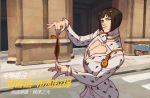  1boy :| atiti_(ttttt945) bangs black_hair blue_eyes blunt_bangs blurry blurry_background bob_cut bruno_buccellati building chinese_commentary chinese_text cleavage_cutout closed_mouth commentary_request jacket jojo_no_kimyou_na_bouken looking_at_viewer male_focus outdoors overwatch parody pose stand_(jojo) sticky_fingers_(stand) symmetra_(overwatch) translation_request upper_body white_jacket zipper 