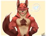  2017 anthro athletic athletic_male body_hair brown_body brown_fur canid canine chest_hair clothed clothing eyes_closed eyewear fox fur glasses humanoid_hands kanisorn kemo_coliseum lambert_(kemo_coliseum) male mammal nude open_mouth red_body red_fur signature simple_background solo tan_body tan_fur three_tone_fur topless 