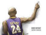  1978 1boy 2020 bald basketball_uniform bracelet character_name commentary_request dark_skin dark_skinned_male elbow_pads english_text examheart from_behind jewelry kobe_bryant los_angeles_lakers national_basketball_association pointing real_life short_sleeves signature solo sportswear upper_body 