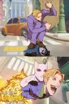  atiti_(ttttt945) blonde_hair blue_eyes blurry blurry_background brown_footwear car chinese_commentary chinese_text clenched_hands closed_eyes commentary_request dress_shirt explosion flying formal green_shirt ground_vehicle highres jacket jojo_no_kimyou_na_bouken junkrat_(overwatch) killer_queen kira_yoshikage loafers looking_up male_focus motor_vehicle necktie open_mouth outdoors overwatch parody purple_jacket road shirt shoes squatting stand_(jojo) street striped striped_shirt teeth translation_request 