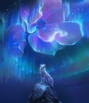  2020 alectorfencer ambiguous_gender aurora_borealis canid canine canis detailed_background digital_media_(artwork) feral flower fur hi_res mammal night outside plant sky solo standing star starry_sky white_body white_fur wolf 
