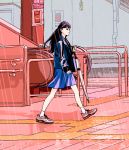  1girl bangs black_hair blue_skirt blunt_bangs escalator highres holding holding_umbrella jacket long_sleeves original outdoors pink_footwear profile rain red_eyes shoes skirt sleeves_past_wrists smile socks solo tanaka_hirotaka train_station umbrella walking white_legwear 