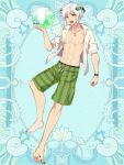  1boy :d abs ball barefoot beachball black_nails blue_background green_eyes holding holding_ball horns jewelry kerberos_blade l_(matador) male_focus male_swimwear navel necklace open_mouth shirt simple_background smile solo swim_trunks swimwear white_hair white_shirt wristband 