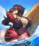  2019 anthro arcanine big_breasts breasts canid canine canis clothed clothing curvy_figure female hair huge_breasts hybrid looking_at_viewer lycanroc mammal midnight_lycanroc nintendo ocaritna outside overweight overweight_female partially_submerged pok&eacute;mon pok&eacute;mon_(species) purple_hair signature solo standing surfboard swimwear tharja_(justkindofhere) thick_thighs video_games voluptuous water wet wolf 