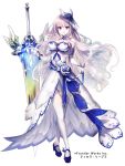  1girl blue_footwear breasts cleavage company_name dress elbow_gloves full_body gloves hair_ornament long_hair looking_at_viewer medium_breasts official_art ripodpotato sanzenkai_no_avatar solo standing sword weapon white_background white_dress white_legwear 
