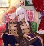  2girls annette_fantine_dominic blue_legwear book closed_eyes closed_mouth cup fire_emblem fire_emblem:_three_houses garreg_mach_monastery_uniform highres holding holding_book indoors long_hair long_sleeves lysithea_von_ordelia multiple_girls orange_hair otokajife painting_(object) sitting sleeping smile stuffed_animal stuffed_toy tea teacup teddy_bear twintails uniform white_hair 