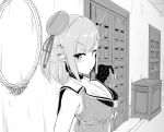  1girl bangs beret blush breasts choker cleavage door drawing_nk eyebrows_visible_through_hair gloves greyscale hair_ornament hat headgear indoors kantai_collection large_breasts maya_(kantai_collection) mirror monochrome open_mouth remodel_(kantai_collection) sleeveless solo upper_body x_hair_ornament 