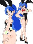  1girl absurdres animal_ears asimatosinosin ass backless_leotard bare_legs bare_shoulders black_footwear black_leotard blue_hair bow bowtie breasts bunny_ears bunny_tail bunnysuit cleavage cowboy_shot cuffs detached_collar dragon_ball dragon_ball_(classic) eyebrows_visible_through_hair from_behind full_body hand_on_hip hand_on_own_cheek high_heels highres leotard long_hair looking_at_viewer lunch_(dragon_ball) medium_breasts multiple_views one_eye_closed open_mouth red_neckwear smile tail 