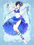  barefoot bikini black_hair blue_background blue_bikini blue_eyes blue_ribbon blue_skirt breasts brown_eyes cat cleavage flower hair_flower hair_ornament holding holding_cat l_(matador) leg_ribbon navel pale_skin psychic_hearts ribbon simple_background skirt swimsuit tail tail_ribbon 