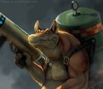  2014 activision anthro biceps brown_body brown_fur canid canine canis claws close-up crash_bandicoot_(series) crocodile crocodilian crocodylid dingo dingodile flamethrower fur grey_background hybrid looking_at_viewer male mammal muscular naughty_dog pecs portrait ranged_weapon realistic reptile scales scalie sharp_claws sharp_teeth simple_background slit_pupils solo sony_corporation sony_interactive_entertainment standing tan_body tan_skin tank teeth triceps twarda8 vehicle video_games weapon yellow_eyes 