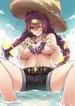  1girl belt braid breast_hold breasts covering covering_breasts dorothy_(sinoalice) glasses hat large_breasts long_hair low-tied_long_hair mibry_(phrysm) navel one_eye_closed purple_eyes purple_hair shorts sinoalice solo straw_hat 