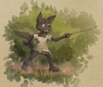  2018 anthro balls barefoot biped black_body black_fur blue_eyes bottomless canid canine canis clothed clothing cub dakka dakkawoof fangs fur genitals happy hi_res holding_object male mammal open_mouth shirt smile solo stick topwear wolf young 