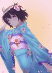  1girl black_hair blue_kimono blush cherry_blossoms hair_ornament hairclip hanekawa_tsubasa japanese_clothes kimono monogatari_(series) nisemonogatari purple_eyes yukata zeri_(zeristudio) 