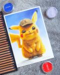  absurdres blondynkitezgraja brown_eyes colored_pencil colored_pencil_(medium) creature detective_pikachu detective_pikachu_(character) detective_pikachu_(movie) full_body gen_1_pokemon hat highres no_humans pencil photo pikachu pokemon pokemon_(creature) realistic signature solo standing traditional_media watermark web_address 