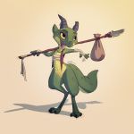  1:1 2019 absurd_res anthro bandeau bottomless broken_horn claws clothed clothing featureless_crotch female flat_chested furgonomics furry-specific_piercing green_body green_scales hi_res holding_object holding_weapon horn horn_piercing jewelry kobold light lighting melee_weapon multicolored_body multicolored_scales necklace open_mouth open_smile piercing pointedfox polearm scales simple_background smile solo spear standing tan_background toe_claws two_tone_body two_tone_scales weapon wraps wrist_wraps 