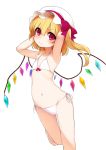  1girl armpits arms_up bangs bare_arms bare_legs bare_shoulders bikini blonde_hair blush bow collarbone flandre_scarlet flat_chest hair_between_eyes hat hat_bow highres long_hair looking_at_viewer mob_cap navel one_side_up red_bow red_eyes side-tie_bikini simple_background smile solo stomach string_bikini swimsuit touhou tsumiki_akeno white_background white_bikini white_headwear wings 