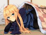  1girl bangs black_legwear blonde_hair blue_eyes blue_jacket blush brown_gloves commentary_request fate/grand_order fate_(series) gloves jacket long_hair looking_at_viewer lyign lying on_side reines_el-melloi_archisorte smile solo table tagme tries 