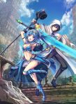 1boy 1girl armor armpits bangs bikini_armor black_hair black_legwear blue_bikini_top blue_capelet blue_hair blue_skirt boots breasts capelet cleavage cloak cloud cloudy_sky commentary_request day eyebrows_visible_through_hair hair_between_eyes hair_ribbon highleg highleg_panties highres holding holding_staff holding_sword holding_weapon hood hooded_capelet leg_up looking_at_viewer medium_breasts navel official_art open_mouth original outstretched_arms panties pants plaid plaid_skirt pointing pointing_at_viewer purple_eyes red_eyes ribbon ruins showgirl_skirt side_ponytail sidelocks skirt sky smile staff swept_bangs sword tenmaso tiara underwear v-shaped_eyebrows weapon white_cloak white_skirt 