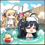  ! 3girls ahoge azur_lane bangs bird black_border black_hair blonde_hair blue_sky blush border breasts chibi chick cleavage closed_eyes cloud cloudy_sky day directional_arrow eldridge_(azur_lane) electricity eyebrows_visible_through_hair fence hair_between_eyes hair_ornament innertube large_breasts long_hair manjuu_(azur_lane) motion_lines multiple_girls naked_towel no_nose nose_blush onsen open_mouth outdoors parted_lips partially_submerged relaxed san_diego_(azur_lane) screencap sky smile standing steam taihou_(azur_lane) third-party_edit tomohiro_(duo) towel towel_on_head twintails very_long_hair water white_towel windowboxed wooden_fence 