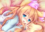  1girl absurdres animal_ear_fluff animal_ears blue_eyes blush fang fluffy fox_ears fox_girl fox_tail highres hood hood_down hoodie long_hair long_sleeves lying macaroni710 multiple_tails nose_blush on_stomach open_mouth orange_hair original sweat tail 