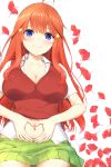  1girl ahoge ass_visible_through_thighs bangs bare_thighs blue_eyes blush breasts cleavage clothes_pull collarbone collared_shirt commentary_request cowboy_shot eyebrows_behind_hair go-toubun_no_hanayome green_skirt hair_intakes hair_ornament hands_on_own_stomach heart heart_hands highres inanaki_shiki large_breasts long_hair looking_at_viewer lying midriff_peek nakano_itsuki navel on_back partially_unbuttoned petals pleated_skirt red_hair red_sweater school_uniform shadow shirt short_sleeves sidelocks simple_background skirt smile solo star star_hair_ornament sweater sweater_pull sweater_vest white_background white_shirt 
