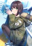  1boy 2girls :o bangs black_choker black_hair black_legwear blush building camouflage camouflage_coat choker city commentary_request day eyebrows_visible_through_hair full_body fur-trimmed_hood green_eyes highres hood hood_down hooded_coat idolmaster idolmaster_cinderella_girls long_hair long_sleeves looking_at_viewer multiple_girls outdoors own_hands_together pantyhose parted_lips railing shibuya_rin shoes solo_focus squatting tamakaga unzipped white_footwear zipper zipper_pull_tab 
