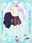  1boy abs blue_background full_body hand_up kerberos_blade l_(matador) looking_at_viewer male_focus navel pointy_ears sandals shirt_removed simple_background solo standing white_hair white_wings wings 