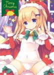  1girl arm_up ass bell blonde_hair blue_eyes bow cape christmas commentary_request covered_navel fur_trim gift hair_bow hair_ornament hairclip hat holding long_hair original purinko red_cape red_headwear red_legwear ribbon santa_hat school_swimsuit sitting smile solo spread_legs swimsuit thighhighs thighs two_side_up white_school_swimsuit white_swimsuit 