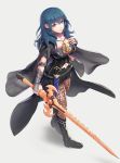  1girl armor bangs black_armor black_cape black_footwear black_shorts blue_eyes blue_hair boots breasts brown_legwear byleth_(fire_emblem) byleth_(fire_emblem)_(female) cape cleavage_cutout closed_mouth commentary_request dagger detached_collar emblem eyebrows_visible_through_hair fire_emblem fire_emblem:_three_houses from_above full_body gauntlets gonzarez grey_background hair_between_eyes hand_on_own_chest highres holding holding_sword holding_weapon large_breasts long_hair looking_at_viewer looking_up navel navel_cutout pantyhose patterned_clothing shadow short_shorts shorts shoulder_armor sidelocks simple_background solo sword sword_of_the_creator weapon wrist_guards 