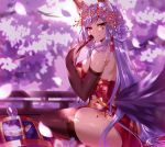  1girl absurdres animal_ear_fluff animal_ears ass bangs bare_shoulders black_fire_(peter02713) black_legwear blush breasts bridal_gauntlets cherry_blossoms china_dress chinese_clothes dress eyebrows_visible_through_hair facial_mark fan flower folding_fan fox_ears fox_girl fox_tail hair_between_eyes hair_flower hair_ornament highres holding holding_fan large_breasts long_hair looking_at_viewer pink_nails purple_hair red_dress sitting smile solo tail thighhighs tower_of_saviors 