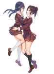  2girls black_legwear blue_eyes blue_hair blush brown_footwear brown_hair brown_jacket brown_shirt closed_mouth commentary_request eye_contact from_side full_body hand_on_another&#039;s_cheek hand_on_another&#039;s_face hand_on_another&#039;s_hip hibike!_euphonium high-waist_skirt highres jacket kasaki_nozomi kneehighs kurenaiz liz_to_aoi_tori loafers long_hair long_sleeves looking_at_another multiple_girls pleated_skirt ponytail profile red_eyes sailor_collar school_uniform serafuku shirt shoes sidelocks simple_background skirt smile white_background white_legwear white_sailor_collar yoroizuka_mizore yuri 