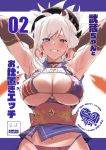  american_flag_bikini armpits arms_behind_head asymmetrical_hair bangs bikini blue_eyes breasts bridal_gauntlets cleavage cover cover_page cowboy_shot doujin_cover earrings fate/grand_order fate_(series) flag_print grey_hair grin jewelry large_breasts letterboxed long_hair miyamoto_musashi_(fate/grand_order) miyamoto_musashi_(swimsuit_berserker)_(fate) navel obi print_swimsuit sash scrunchie single_hair_intake smile swept_bangs swimsuit title two-tone_swimsuit ulrich_(tagaragakuin) underboob white_background 