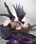  1girl absurdres between_breasts black_legwear black_wings bow breasts brown_hair cape closed_mouth feathered_wings green_bow green_skirt grey_background hair_bow highres jeynine9 legs_up long_hair looking_at_viewer lying medium_breasts miniskirt no_bra no_shoes on_back over-kneehighs puffy_short_sleeves puffy_sleeves red_eyes reiuji_utsuho shirt short_sleeves skirt sky smile solo space star_(sky) starry_sky thighhighs third_eye touhou white_shirt wings 