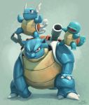  :d ^_^ blastoise blue_theme brown_eyes claws closed_eyes commentary creature english_commentary full_body gen_1_pokemon highres mcgmark no_humans open_mouth pokemon pokemon_(creature) shadow shell signature simple_background smile squirtle standing wartortle 