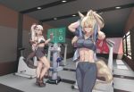  abs animal_ears arknights blonde_hair breasts character_request commentary_request gym highres kamkac large_breasts long_hair nearl_(arknights) ponytail sports_bra tagme tail towel white_hair yellow_eyes 