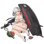  1girl alternate_costume arm_support ass bangs bare_shoulders bikini black_ribbon blush braid breasts cleavage collarbone damaged eyebrows_visible_through_hair flower food fruit girls_frontline gun hair_flower hair_ornament hair_ribbon hand_up head_tilt holding_surfboard jacket keychain large_breasts long_hair long_sleeves looking_at_viewer lying official_art open_clothes open_jacket open_mouth red_eyes ribbon sandals shotgun shotgun_shells shotgun_speed_loader side-tie_bikini silver_hair skindentation solo spas-12 spas-12_(girls_frontline) splatter strap swimsuit terras thighs torn_clothes transparent_background twintails watermelon wavy_hair weapon 
