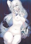  1girl :o ahoge arm_behind_head armpits breasts entombed_air_defense_guardian_hime hair_between_eyes holding kantai_collection long_hair medium_breasts nakadori_(movgnsk) navel nipples nude shinkaisei-kan sitting stomach thighs very_long_hair white_hair yellow_eyes 