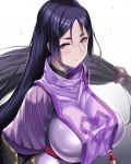 1girl bangs blush bodysuit breasts closed_mouth fate/grand_order fate_(series) hair_between_eyes highres large_breasts long_hair looking_at_viewer low-tied_long_hair minamoto_no_raikou_(fate/grand_order) parted_bangs purple_bodysuit purple_eyes purple_hair ribbed_sleeves rope smile solo tabard takanashi-a very_long_hair white_background 