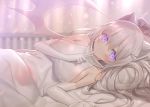  1girl animal_ears bare_shoulders bed_sheet blanket blonde_hair blurry blurry_background blush breasts cat_ears closed_mouth commentary_request depth_of_field elbow_gloves finger_to_mouth gloves index_finger_raised large_breasts lens_flare long_hair looking_at_viewer lying on_bed on_side original pillow purple_eyes shushing sideboob sleeveless smile solo star star_in_eye symbol_in_eye under_covers white_gloves white_wings wings yano_mitsuki 