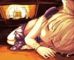  1girl bare_arms blonde_hair blush bracelet closed_eyes eyelashes glint headphones heater highres jewelry kotatsu lying miniskirt on_side pointy_hair senzaicha_kasukadoki shirt short_hair skirt sleeveless sleeveless_shirt solo sweat table touhou toyosatomimi_no_miko under_kotatsu under_table 