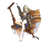  1girl armor assault_rifle bangs barefoot bayonet blonde_hair blue_eyes breasts bullpup cleavage closed_mouth damaged famas famas_(girls_frontline) full_body girls_frontline gloves grey_gloves gun hair_between_eyes holding holding_gun holding_knife holding_weapon jacket knife ky logo long_hair long_sleeves looking_to_the_side official_art orange_jacket rifle sitting solo stairs torn_clothes torn_legwear transparent_background very_long_hair weapon 