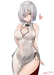  1girl absurdres blue_eyes blush breasts china_dress chinese_clothes closed_mouth covered_navel dress hair_ornament hairclip hamakaze_(kantai_collection) highres kantai_collection large_breasts looking_at_viewer looking_up saku_(kudrove) short_hair silver_hair simple_background smile solo twitter_username white_background 