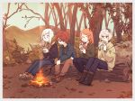 2boys 2girls autumn autumn_leaves bandaid bandaid_on_nose branch eating flower_(vocaloid) food fukase hair_over_one_eye holding holding_food leaf mi_no_take multiple_boys multiple_girls outdoors potato red_eyes red_hair sf-a2_miki steam sweet_potato twitter_username utatane_piko v_flower_(vocaloid4) vocaloid yakiimo 