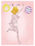  2020 anthro artbymadara assisted_exposure big_ears biped blonde_hair blush bodily_fluids breasts butt carrot_(one_piece) clothing digital_media_(artwork) embarrassed feet female fingernails fur hair hi_res humanoid_feet lagomorph leporid mammal minkmen_(one_piece) nails nipples one_piece panties pantsing pink_background rabbit side_boob simple_background solo sweat underwear white_body white_fur 