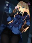  1girl ass_visible_through_thighs bangs black_legwear blonde_hair blue_jacket brown_gloves cameltoe commentary_request eyebrows_visible_through_hair fate/grand_order fate_(series) flower from_above fur_trim gloves hair_flower hair_ornament highres holding holding_mask indoors jacket long_hair looking_at_viewer mask meltryllis moon night smile solo tries white_flower 