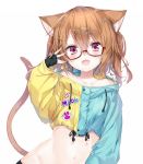  1girl :d animal_ears bare_shoulders brown_hair cat_ears cat_girl cat_tail collarbone crop_top drawstring emia_(castilla) fangs fingerless_gloves glasses gloves hair_ornament hairclip hand_up highres long_hair long_sleeves looking_at_viewer midriff navel off-shoulder_shirt off_shoulder open_mouth original pink_eyes red-framed_eyewear semi-rimless_eyewear shirt simple_background smile solo stomach tail tail_raised twintails upper_body white_background x_hair_ornament 