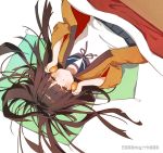  1girl 888myrrh888 black_hair blush brown_eyes closed_mouth eyebrows_visible_through_hair food fruit hatsuyuki_(kantai_collection) holding holding_food holding_fruit kantai_collection kotatsu long_hair looking_at_viewer lying mandarin_orange neck_ribbon on_back pleated_skirt ribbon school_uniform serafuku skirt solo table 